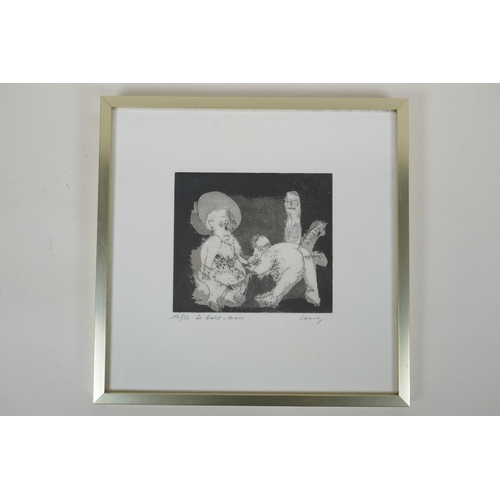 849 - Le Baise-Main, a monochrome limited edition etching, 17/50, signed Lanng in pencil, 15 x 13cm