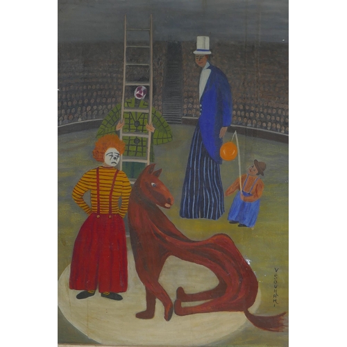 852 - Violet Souhami, naive circus scene, 40 x 55cm, and a naive portrait of two clowns, both oils on... 