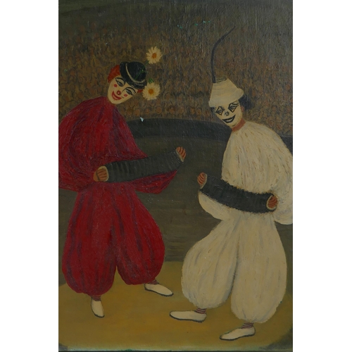 852 - Violet Souhami, naive circus scene, 40 x 55cm, and a naive portrait of two clowns, both oils on... 