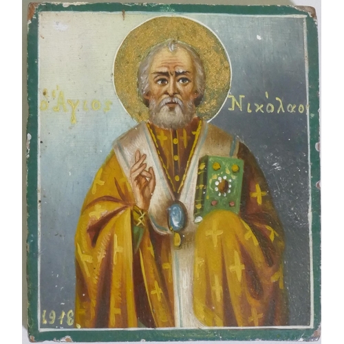 854 - An antique St Nicholaos Greek Orthodox icon, hand painted on a wood panel with gilt highlights, date... 