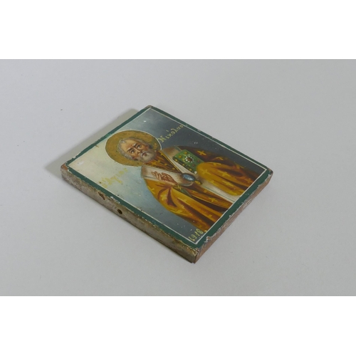 854 - An antique St Nicholaos Greek Orthodox icon, hand painted on a wood panel with gilt highlights, date... 