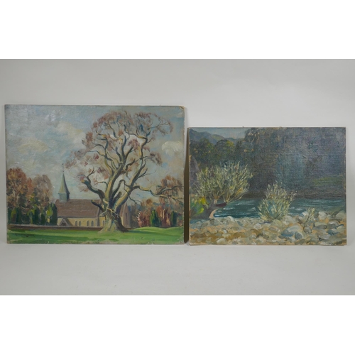 855 - Maurice Codner, (British, 1888-1959), Woodmancote Church, 46 x 36cm, and a river scene, both oils on... 