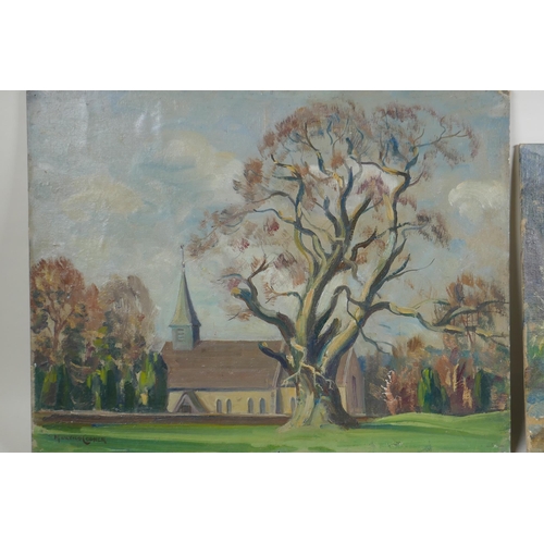 855 - Maurice Codner, (British, 1888-1959), Woodmancote Church, 46 x 36cm, and a river scene, both oils on... 