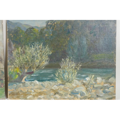 855 - Maurice Codner, (British, 1888-1959), Woodmancote Church, 46 x 36cm, and a river scene, both oils on... 