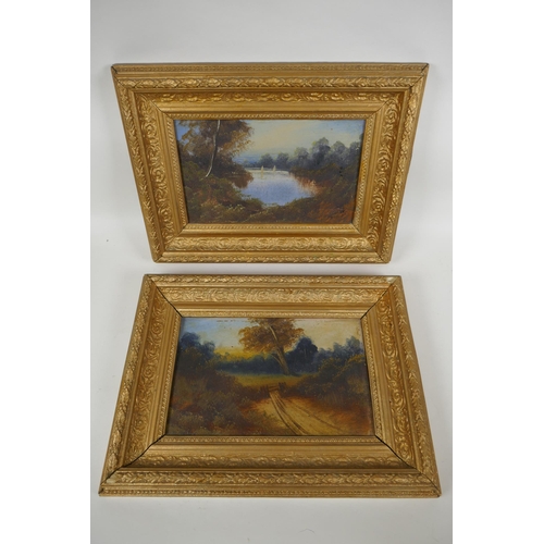 857 - A pair of antique oils on card, rural landscape scenes, in gilt frames, 28 x 18cm