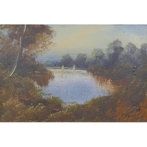 857 - A pair of antique oils on card, rural landscape scenes, in gilt frames, 28 x 18cm