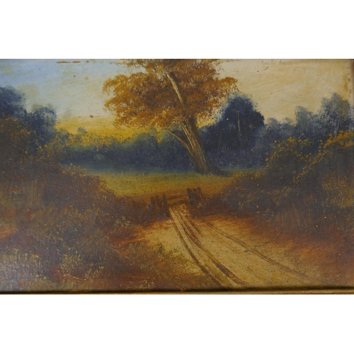 857 - A pair of antique oils on card, rural landscape scenes, in gilt frames, 28 x 18cm