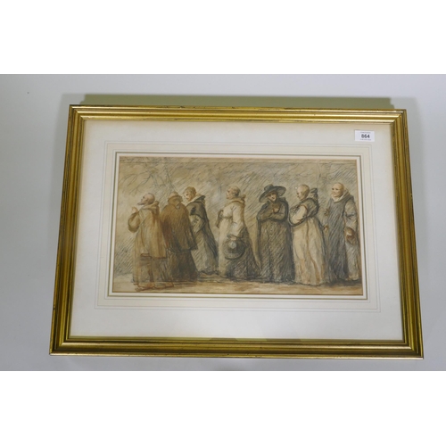 864 - Procession of clergy, pencil and wash on paper, inscribed verso H.W. Bunbury, C19th unsigned, but pr... 