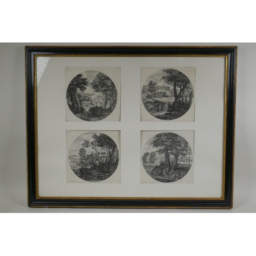 865 - A framed set of four C17th Flemish etchings depicting classical landscape scenes, published by Adam ... 