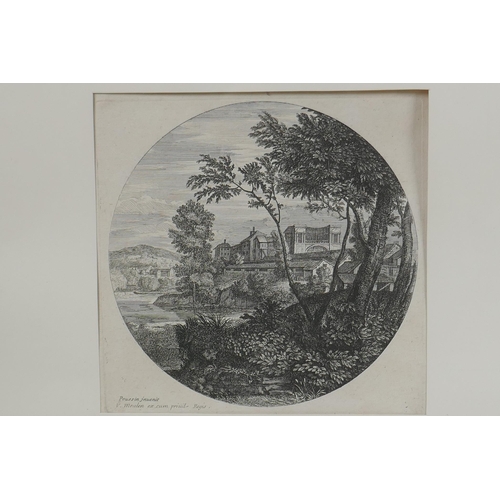 865 - A framed set of four C17th Flemish etchings depicting classical landscape scenes, published by Adam ... 