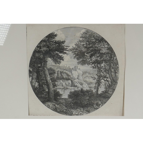 865 - A framed set of four C17th Flemish etchings depicting classical landscape scenes, published by Adam ... 