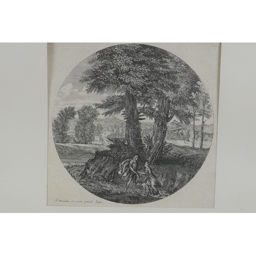 865 - A framed set of four C17th Flemish etchings depicting classical landscape scenes, published by Adam ... 