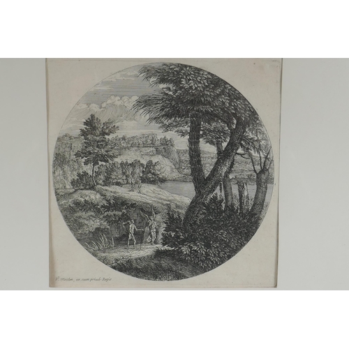 865 - A framed set of four C17th Flemish etchings depicting classical landscape scenes, published by Adam ... 