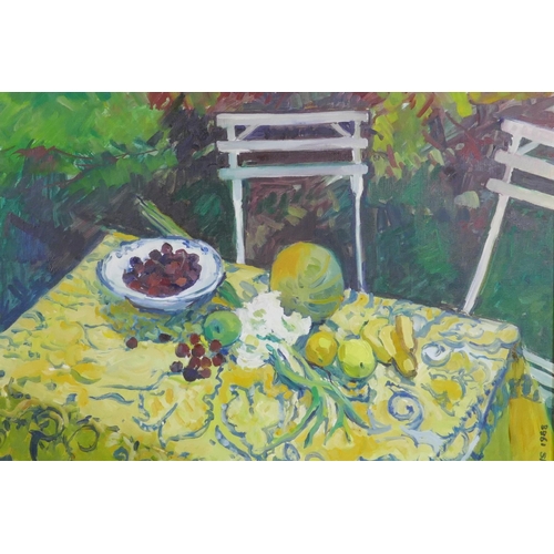 868 - Thea Dupays, still life, table in a garden, signed, oil on canvas, 51 x 61cm