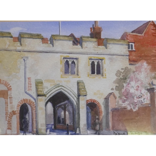 869 - Diana Snagge, Kings Gate Arch, Winchester, signed, watercolour, 12 x 6cm, and Mary Hardcastle, lands... 