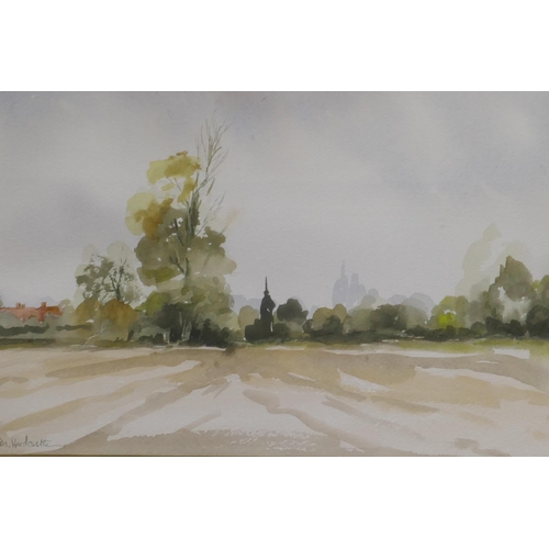 869 - Diana Snagge, Kings Gate Arch, Winchester, signed, watercolour, 12 x 6cm, and Mary Hardcastle, lands... 