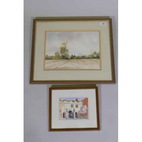 869 - Diana Snagge, Kings Gate Arch, Winchester, signed, watercolour, 12 x 6cm, and Mary Hardcastle, lands... 