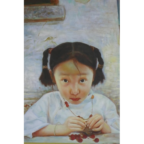 872 - Chinese contemporary school, portrait of a young girl with berries, unsigned, oil on canvas laid on ... 