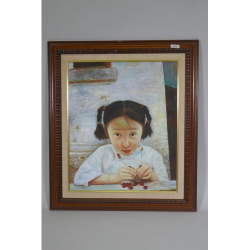 872 - Chinese contemporary school, portrait of a young girl with berries, unsigned, oil on canvas laid on ... 