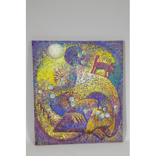 874 - Vladimir Leschev, Red Cat and Yellow Dog under Fish Moon, signed and dated 1992, inscribed verso, oi... 