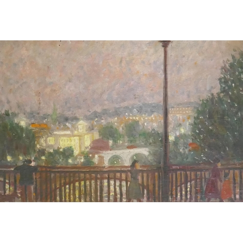 888 - Moonlit city scape with figures on a bridge, unsigned, first half C20th, oil on board, 38 x 31cm