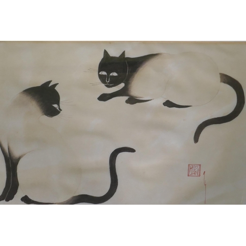 893 - After van Minh Nguyen, two Siamese cats, print on silk with seal mark, 34 x 22cm