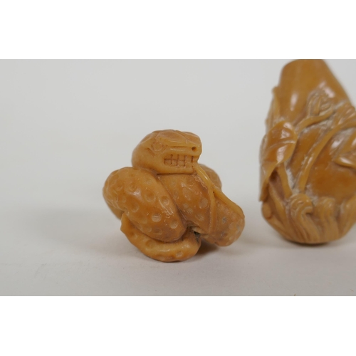 93 - Five Japanese carved tagua nut netsuke in the form of rabbits, mice, lotus flowers and a snake, larg... 