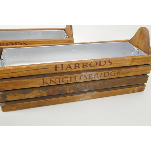 95 - A pair of vintage style wood herb planters with metal liners and 'Harrods' decoration, 35 x 11cm