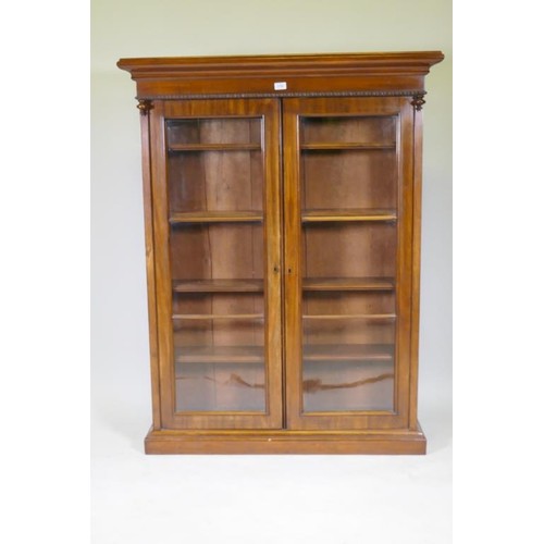 1139 - A C19th mahogany bookcase with moulded frieze over two glazed doors, raised on a plinth base, 111 x ... 