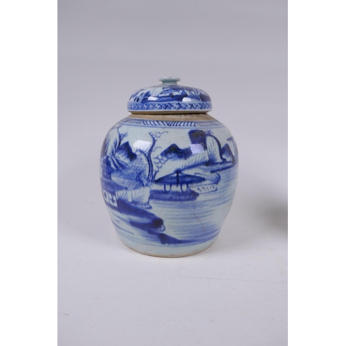 319 - A late C19th/early C20th Chinese blue and white porcelain ginger jar and associated cover, decorated... 