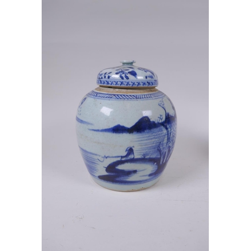 319 - A late C19th/early C20th Chinese blue and white porcelain ginger jar and associated cover, decorated... 