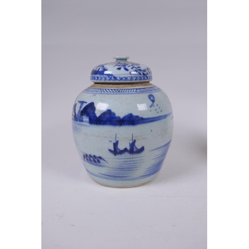 319 - A late C19th/early C20th Chinese blue and white porcelain ginger jar and associated cover, decorated... 