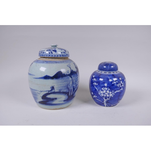 319 - A late C19th/early C20th Chinese blue and white porcelain ginger jar and associated cover, decorated... 