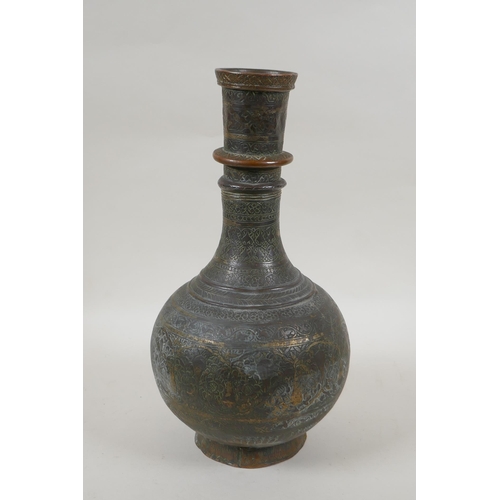 301 - An antique Islamic patinated copper hookah base, 32cm high