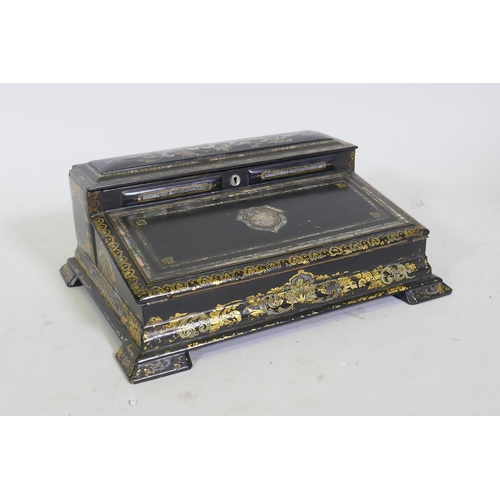 1 - A Victorian black lacquered papier mache writing slope, decorated in gilt and inlaid abalone shards,... 