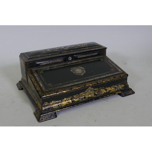 1 - A Victorian black lacquered papier mache writing slope, decorated in gilt and inlaid abalone shards,... 