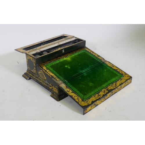 1 - A Victorian black lacquered papier mache writing slope, decorated in gilt and inlaid abalone shards,... 