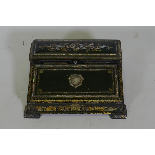 1 - A Victorian black lacquered papier mache writing slope, decorated in gilt and inlaid abalone shards,... 