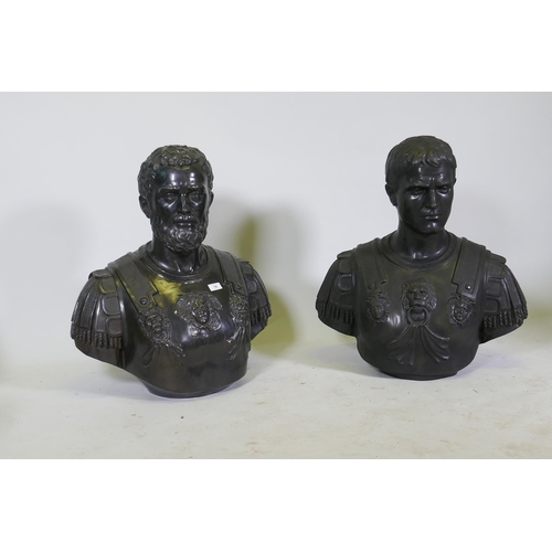 10 - A pair of Grand Tour style bronze busts of Roman generals, 70cm high