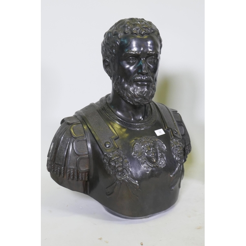 10 - A pair of Grand Tour style bronze busts of Roman generals, 70cm high