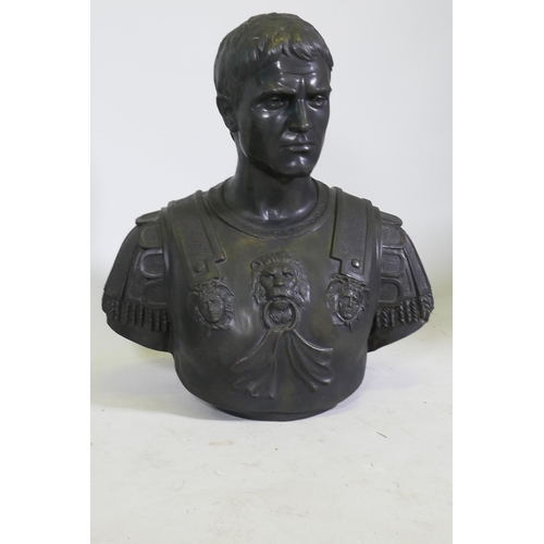 10 - A pair of Grand Tour style bronze busts of Roman generals, 70cm high