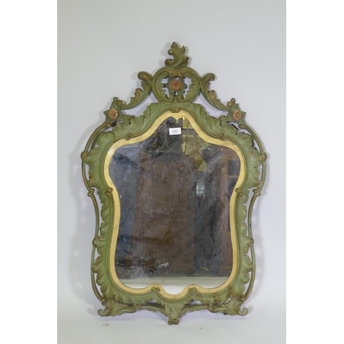 1007 - A Venetian painted and parcel gilt carved wood wall mirror, 99 x 65cm