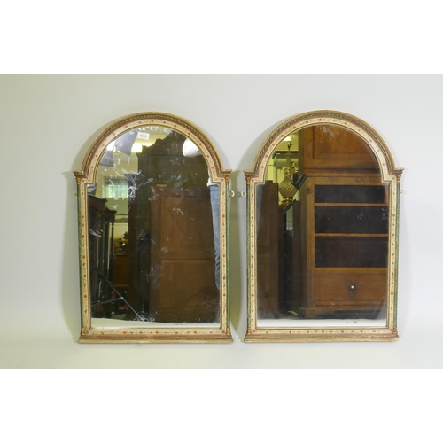 1013 - A pair of dome top wall mirrors with painted decoration and faux marble columns, 81 x 55cm