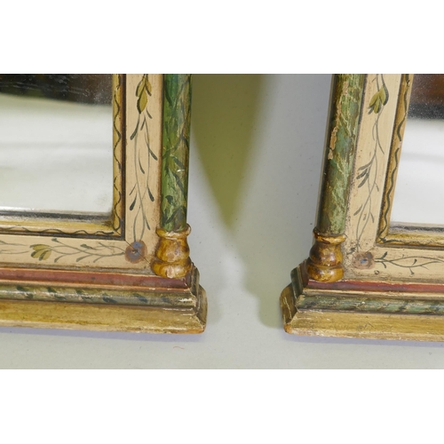 1013 - A pair of dome top wall mirrors with painted decoration and faux marble columns, 81 x 55cm