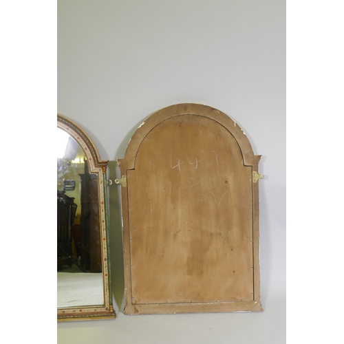 1013 - A pair of dome top wall mirrors with painted decoration and faux marble columns, 81 x 55cm