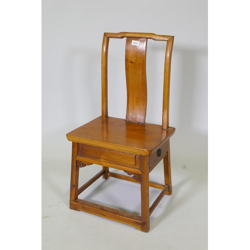 1021 - A Chinese elm low chair with single side drawer to the seat, 79cm high