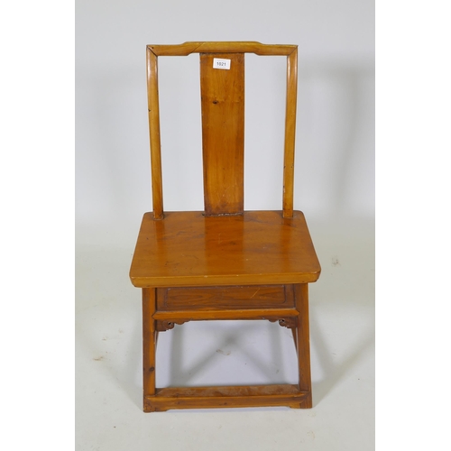 1021 - A Chinese elm low chair with single side drawer to the seat, 79cm high