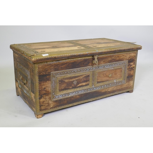 1025 - An Oriental Zanzibar style rosewood and brass mounted coffer, 92 x 47 x 42cm