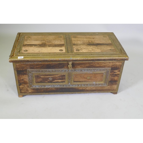 1025 - An Oriental Zanzibar style rosewood and brass mounted coffer, 92 x 47 x 42cm