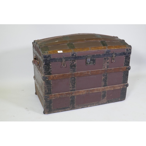 1026 - A Victorian wooden strapped travel trunk with dome top, 86 x 52cm, 62cm high